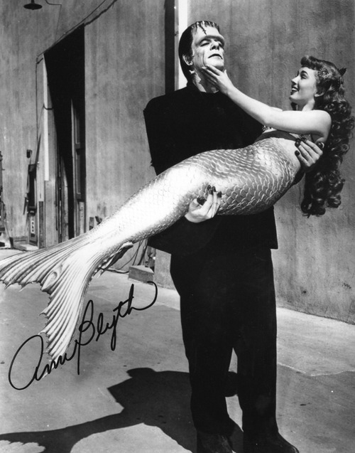 vintagegal:  Ann Blyth in costume for “Mr. Peabody and the Mermaid” and   Glenn Strange in costume for “Abbott & Costello Meet Frankenstein”   1948 