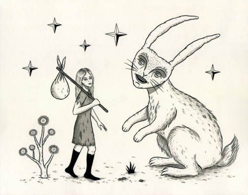 jonmacnair:  “Despite Having Never Encountered One of Such Massive Proportions in all Her Travels, She Found it to be Surprisingly Docile” India ink on paper - 8" x 10" 2011 