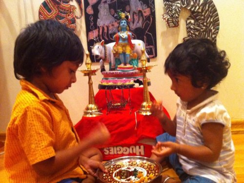 KIDS TAKE OVER THE HOUSE My children Rudra and Anaga now want to do everything themselves, including celebrating their first Krishna Jayanthi and feeding treats to Krishna :)