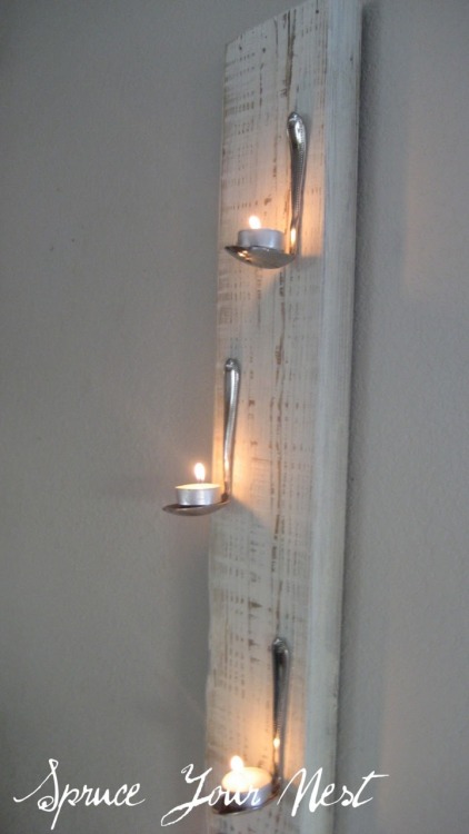 DIY Tea Lights on Bent Spoons Wall Art. Hardest thing: bending the spoons. Tutorial at Spruce Your N