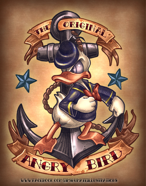 The ill tempered Donald Duck was the original Angry Bird! Those green pigs stood no chance against this feathered menace. Tim Shumate’s entered this mash up design for Threadless’ Donald Duck T-Shirt Design Challenge.
You can now throw down your vote...