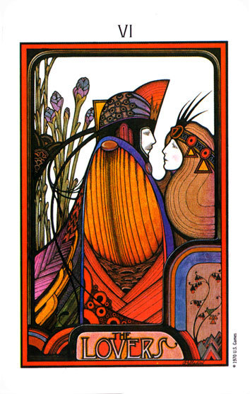 sixotwoisthelife:The Lovers card from my favorite Tarot deck, The Aquarian, illustrated by David Pal