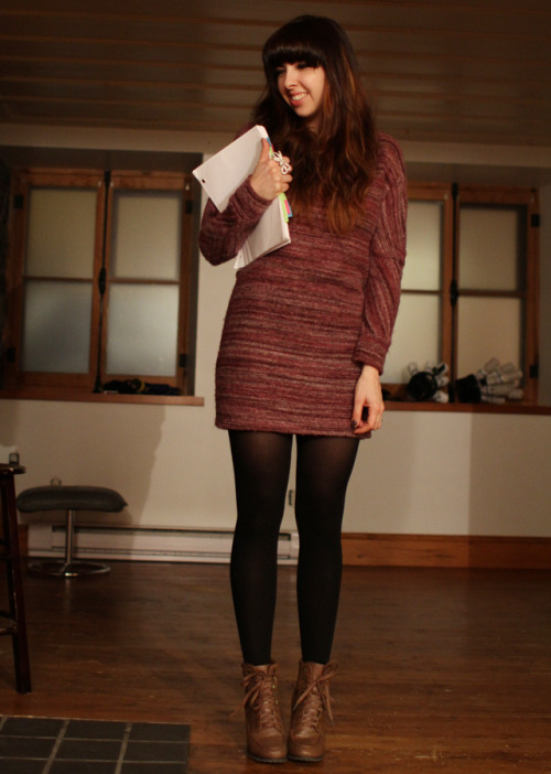 Dark pink dress with grungy horizontal pattern, black tights and brown lace-up boots