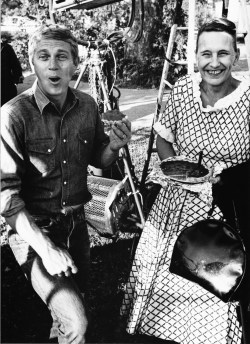  A neighborhood lady brought Steve McQueen a gift of a homemade sweet potato pie she had just baked on the set of Baby, the Rain Must Fall, Texas, 1963.     