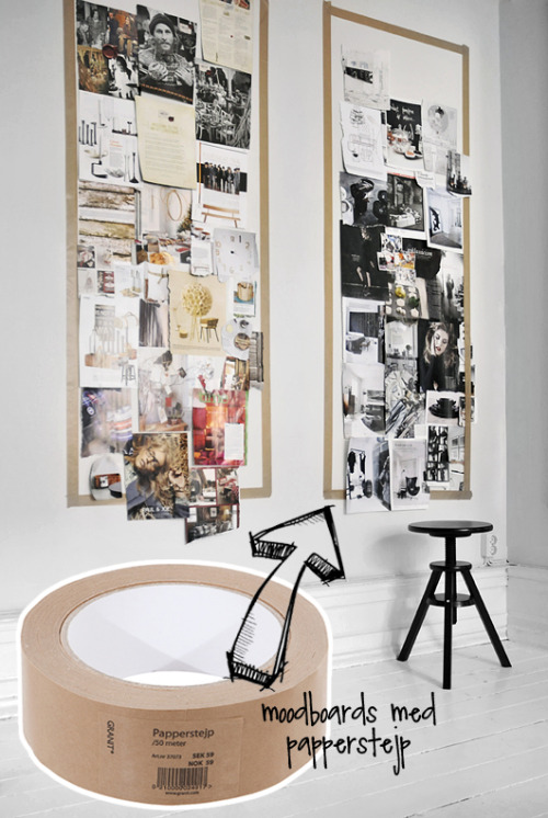 DIY Frames, Mood Boards, etc… using temporary paper tape. Use the tape to corral misc. paper 