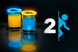 thedrunkenmoogle:  The Portal Two (Portal 2 Cocktails) Ingredients:Blue CuracaoVodkaLemonade CointreauRum Orangina Small tumblers Directions: “This drink is, of course, designed to resemble the two coloured portals from the excellent sci-fi puzzle