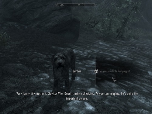 arvanahmodray: skyabove-voicewithin: fungii: OF COURSE DAEDRAS ARE INVOLVED BARBAS IS THE BEST DOG. 