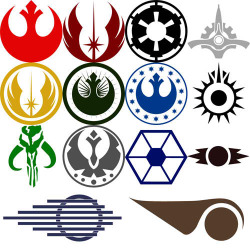 yourdemonlover:  Star wars symbols (left to right, top to bottom): Alliance For The Republic (Rebel Alliance), Jedi Order, Galactic Empire, Galactic Senate, Jedi order with ring, New Jedi Order, New Republic Department of Research and Development, Black