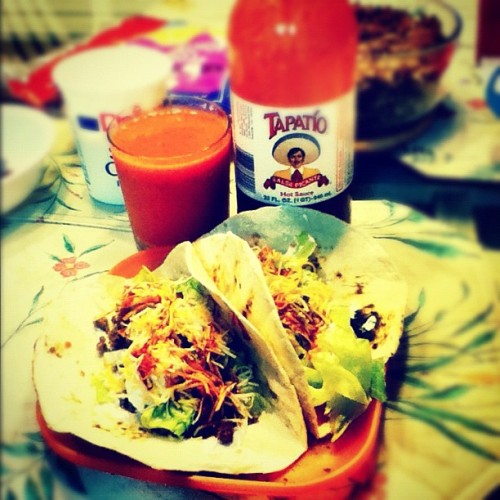 Fruit smoothie and two delicious homemade tacos! My hunger is finally satisfied.  (Taken with instagram)