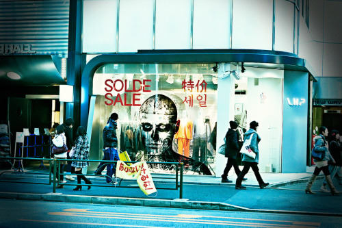 Rick “Zombie Boy” Genest’s tattooed face on the front of LHP Harajuku tonight.