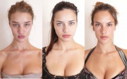 theskinnyveg:  cintypinky:  Rosie Huntington-Whiteley, Adriana Lima and Alessandra Ambrosio with and without make up !  Also without: their hair professionally done, professional lighting, shadows and angles and the ever present usage of professional