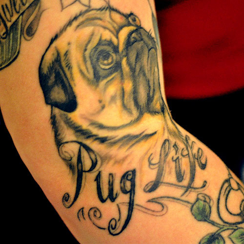 fuckyeahtattoos:  Tattoo of “Pug Life” done by Aimee Cornwell at Physical Graffiti