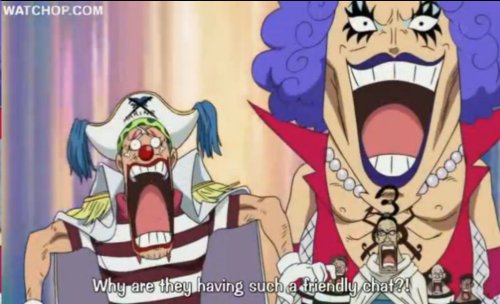 mugiwara-no-ichimi:  Luffy: Sorry about before. Whitebeard: Don’t worry about it. Buggy, Ivankov, & Mr.3: Why are they having such a friendly chat?! 