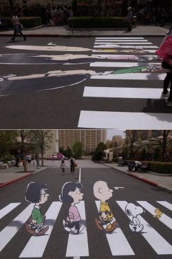 thedailywhat:  Street Art of the Day: The Peanuts gang spoofs Abbey Road. [wooster.]