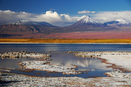 by Leonid Plotkin on Flickr.Laguna Cejas with Licancabur Volcano in the background, Chile.