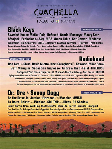 Hell of a line up at Coachella billidollarbaby:
“Coachella 2012 Lineup
Coachella has officially unveiled its line up. Dr. Dre and Snoop Dogg, Frank Ocean, A$AP Rocky, Kendrick Lamar, The Black Keys, araabMUZIK, Azealia Banks, The Airplane Boys, and...