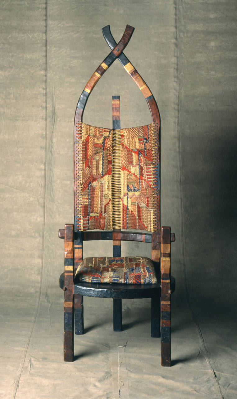 bildwerk:
“ Marcel Breuer (American, b. Hungary, 1902-1981) with textile by Gunta Stölzl (German, 1897-1983).”African” or “Romantic” Chair, 1921. Oak and cherrywood painted with water-soluble color, and brocade. 70 5/8 x 25 9/16 x 26 7/16 in. (179.4...