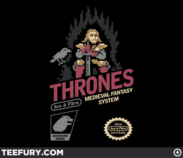 The Game of Thrones takes its place on the Nintendo Entertainment System thanks to Drew Wise and his new 8-bit design. Shirts will be on sale Tuesday only (1/17) for $10 at TeeFury. Winter is coming… to the NES.
A Game of Ice & Fire by Drew Wise...