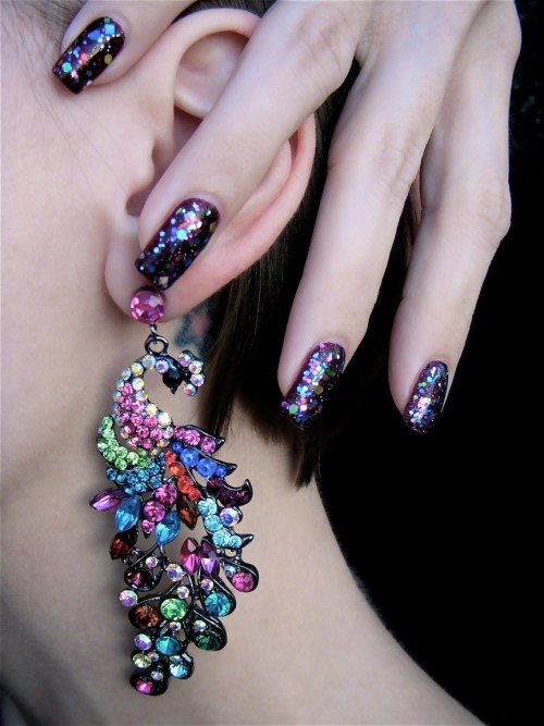 Lynnderella The Glittering Crowd over Petites Color Fever Galaxy. Shown with vintage peacock earrings.