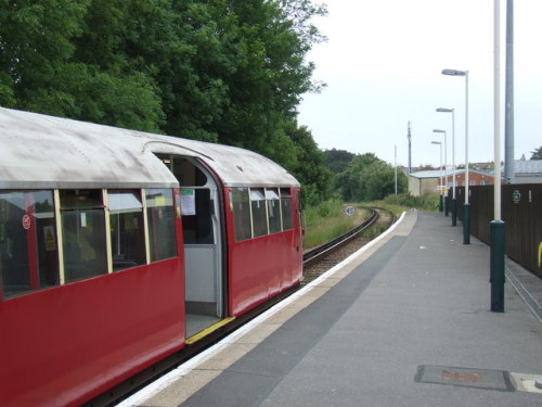 Train at Shanklin Station.  The Island Line uses old London Underground rolling stock rather th