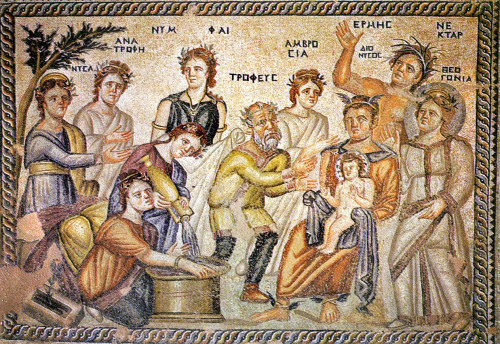 Paphos Mosaic: Hermes entrusts baby Dionysios to Tropheos