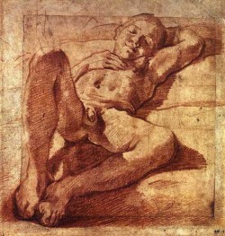 jahsonic:  Study of a Sleeping Boy (1585) [1][2] is a drawing by Ludovico Carracci (1555-1619), which shows some similarities with Dying Slave. It is featured in The Beautiful Boy by Germaine Greer. 
