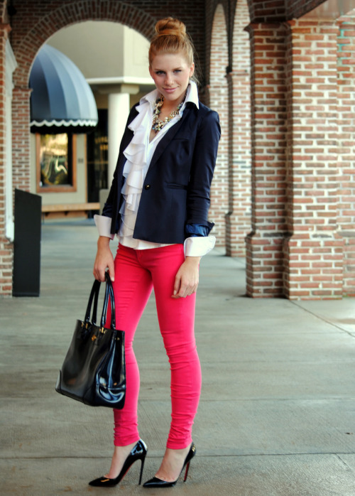 thebleubelle:  Milly Blazer, Bell Blouse, Hot Pink Joe’s Jeans, Tory Burch Bag  LOVE this look