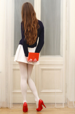 Trautmans-Legs:  Elegant And Fancy Young Girl Dressed In White Hosiery And Red High