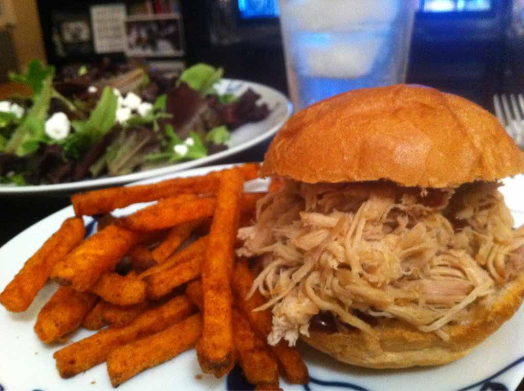 YUM!!
Last night’s meal was so delicious! I came home to a house that smelled AWESOME. My husband and I both agree that this meal is great. I’m very excited for leftovers for lunch today!
Kalua pork with a bit of BBQ sauce on a bun. Plus sweet potato...