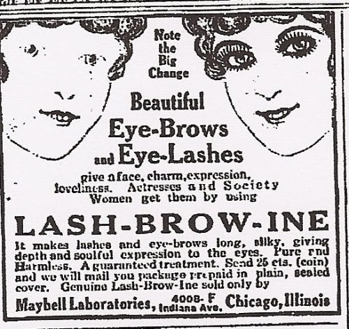 One of the first ads for the company that would become Maybelline, c.1915. The product is the precursor to mascara and was invented in Chicago.