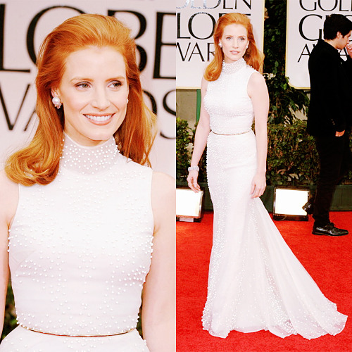 conanofallon:Jessica Chastain arrives at the 69th Annual Golden Globe Awards