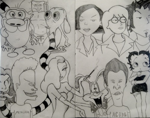 Sketchbook page 12:The only cartoons worth watching. Ren, Stimpy, and Powdered Toast Man. Daria, Jan