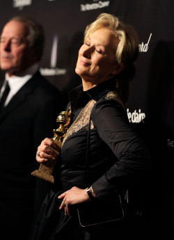 bohemea:  suicideblonde:  Meryl Streep at the Weinstein Company Post Golden Globes party last night FULL ON STREEPING HERE PEOPLE.    This is some hardcore Streeping right here. 