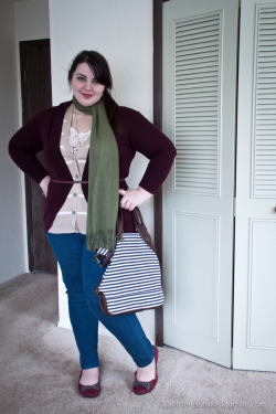 alittlelessnaked:  Layer by Layer Ultrasoft Maroon Open Cardigan, Target, XXL Tan Striped Vest, Old Navy, XL (years old) Cream Lace Top, Forever 21+, 2X Braided Belt, Target, XXL Jeggings, Avenue, 18/20 Maroon Flats, Avenue, 11W Bow Necklace, Forever