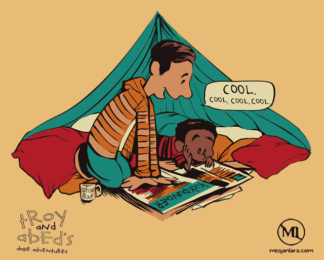 Community’s Troy & Abed get a classic Calvin & Hobbes spin in artist Megan Lara’s cool (cool cool cool) mash up design. Shirts on sale at RedBubble (v2).
Troy and Abed’s Dope Adventures (2) by Megan Lara (Facebook) (Twitter)
Via: meganlara