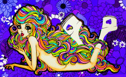 jediflip:  “Rainbow Hair Flower Child With Groovy Boots” I’m not sure which is the trippiest; her hair, or that flower power backdrop~ 