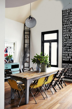 thebowerbirds:  Via: Country Style Awesome dining space! Love the old bus scroll and pendant light. You can find great reproduction scrolls here and the pendant lights here.