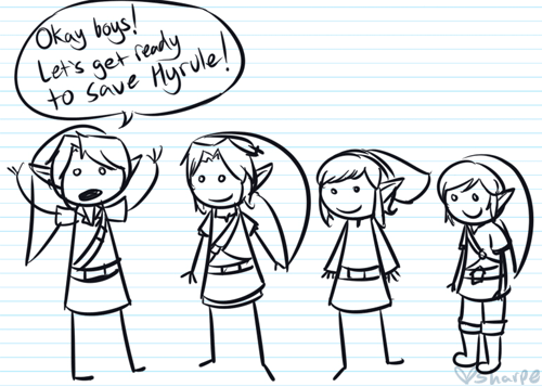 musicalsharpie:  TEEN LINK SQUAD! OCARINA! TWILIGHT! SKYWARD! CARTOON LINK!! 