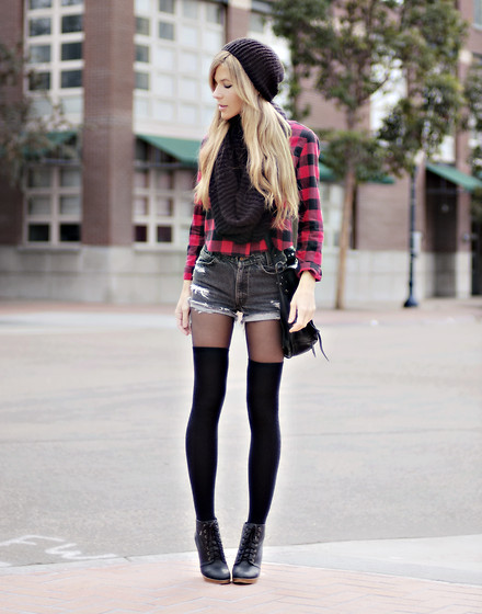 latenightfashion:  hat & scarf: h&mcropped flannel: urban outfittershigh waist shorts: levi’sbag: proenza schoulerlace up wedge boots: urban outfitters