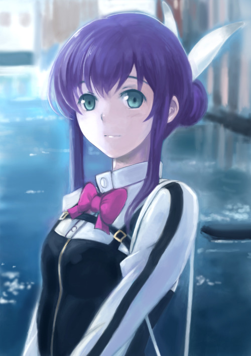 shy-azusa: 1girl aquarion (series) aquarion evol green eyes hair bun long hair mikono suzushiro purp