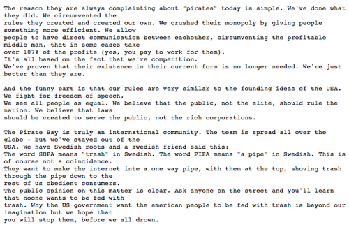 sannam:melislestrade:astudyinpanic:ThePirateBay’s press release in regards to SOPA and PIPA.gif-cred