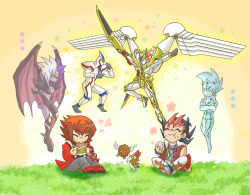 partyintheyu-s-ei:  horusnokokuenryuu:  I would like to call attention to the Winged Kuriboh and Baby Tragon playing in the middle &gt;w&lt; Squeeeee~  Master and Student