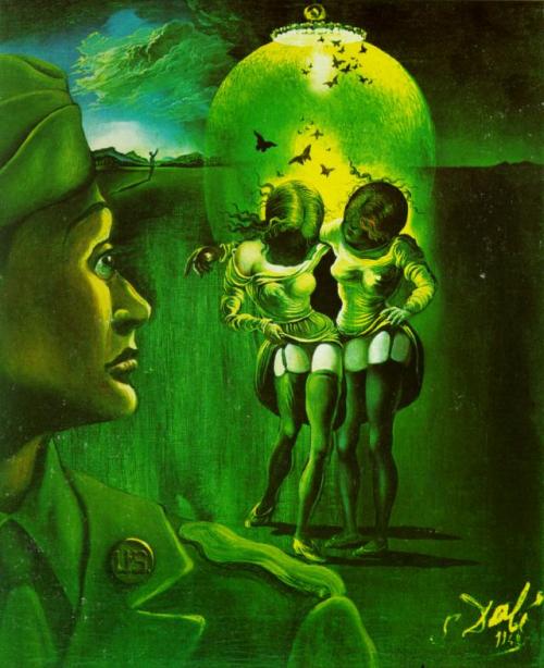 midniighttoker:  Salvador Dali, untitled, 1942 WWII campaign against venereal disease amongst soldiers  FUCKING SHIT. i know a guy with this tattoo on his arm… without that soldier creepin’ of course. i also feel like it was made to look