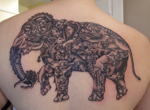 suzannafisher:  This is based on a persian painting of a composite elephant. We adjusted some of the creatures and changed it from color to black and grey. I went cross-eyed tattooing it but am very pleased with the result. 