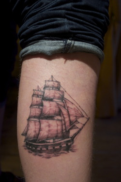 fuckyeahtattoos:  i got this done yesterday, its my first tattoo and it was done buy Conan Ball. I’m so pleased with how it came out. its of a ship that my mum worked on when she was my age, a couple of years after she stopped working on it it sank.