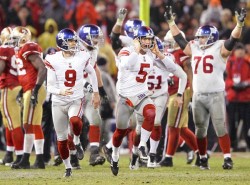 never-sated:  20-17 OT victory in San Francisco! The New York Giants are the NFC Champions and we are going to the Super Bowl!  Steve Weatherford&rsquo;s face.