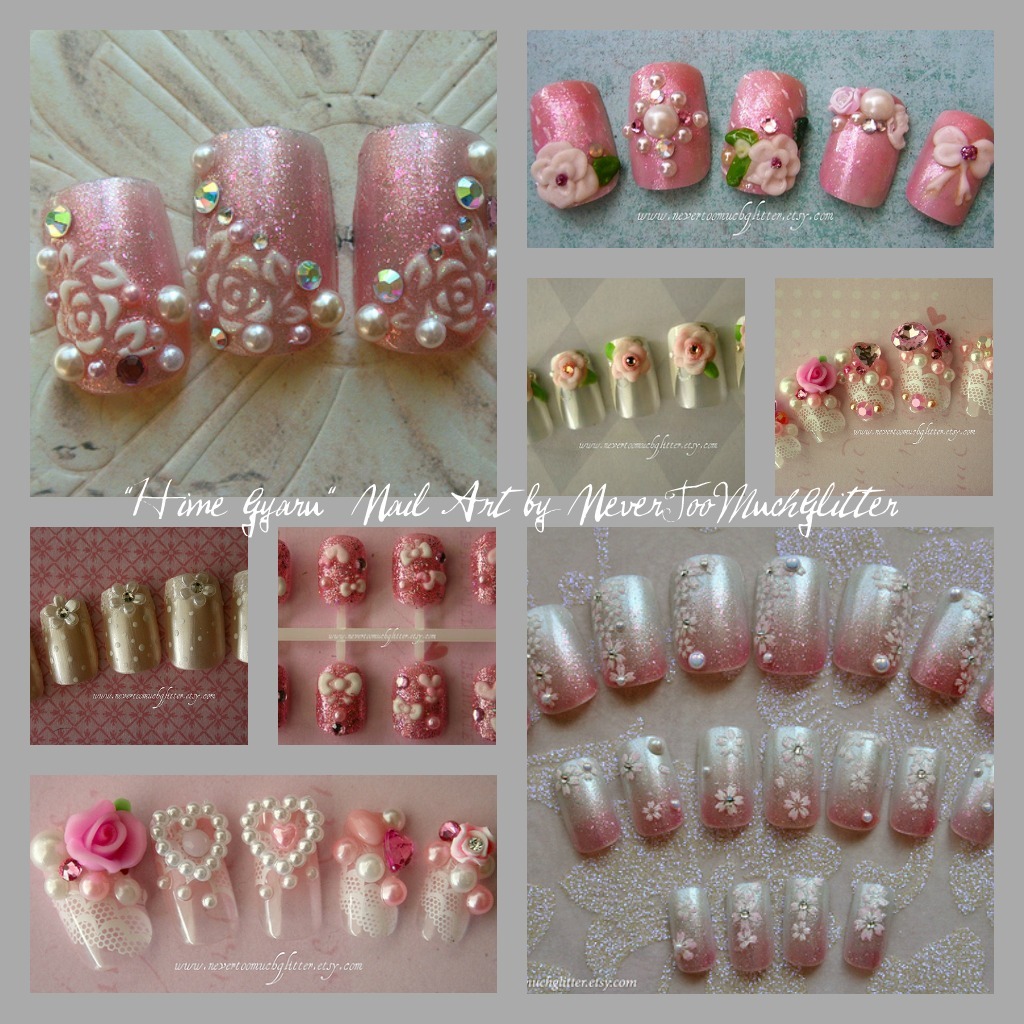 “Hime gyaru” nails…translates loosely into “princess.” Lots of hearts, bows, lace, pearls and rhinestones- the more, the better!