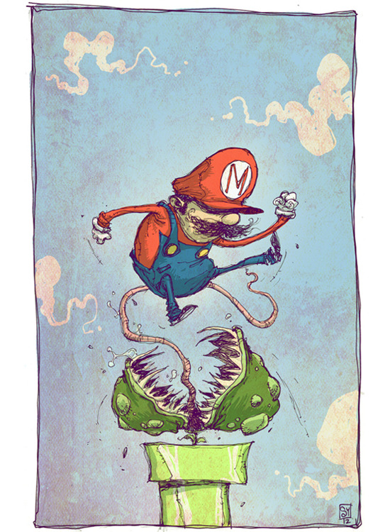 Mario is taking care of business in this stylized fan art illustration by talented artist Skottie Young. You can check out more of his work here.
Super Mario Bros by Skottie Young (Art Blog) (deviantART) (Twitter)