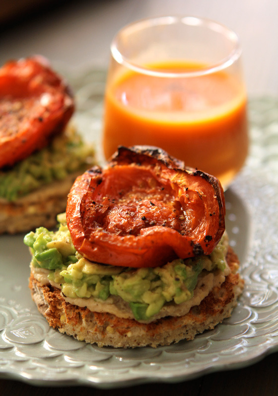 gastrogirl:  hummus and avocado toasts with roasted tomatoes. 