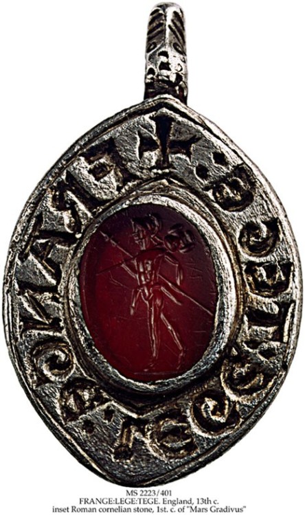 Oval face seal with Lombardic inscription, XIII century with inset Roman cornelian stone, 1st. c. of